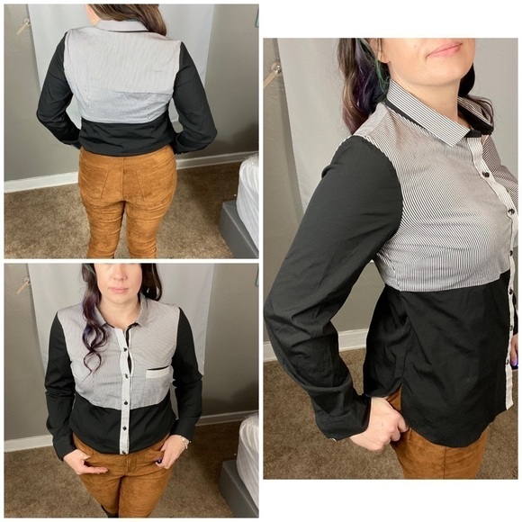 Per Se by Carlisle black white color block button up collared dress shirt career - Picture 2 of 12